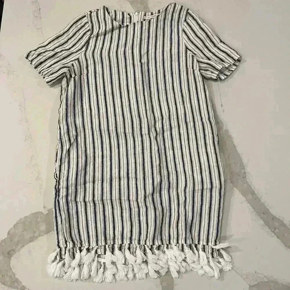 Ellison Linen Blue/White Dress Tassel Fringe Trim Women's Large Pockets Zipper - Picture 1 of 6